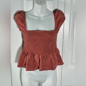 Abercrombie & Fitch Rust Puff Sleeve Smocked Babydoll Top